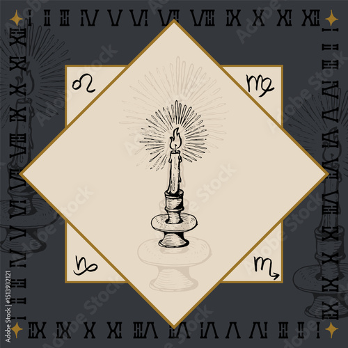 candle candlestick shine alchemical symbol design engraving vector illustration in vintage old medieval style