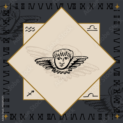 angel head with wings alchemical symbol design engraving vector illustration in vintage old medieval style