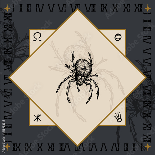 cross spider insect alchemical symbol design engraving vector illustration in vintage old medieval style