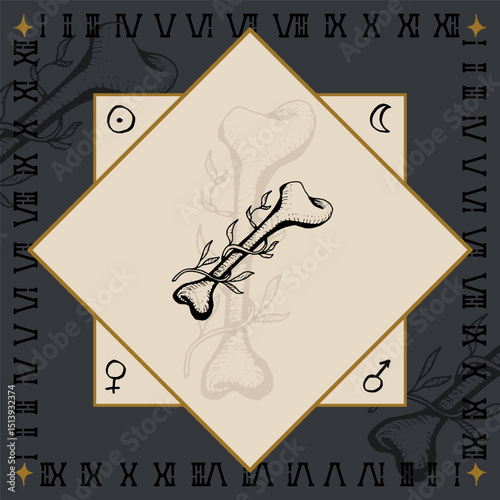 bone alchemical symbol design engraving vector illustration in vintage old medieval style