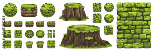 Moss icon set including mossy stone, stump, and wall – Ideal for nature graphics, eco-themed branding, or game development.