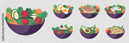 Vector illustration of salad icons with various toppings – Great for diet plans, meal prep, or nutrition education.