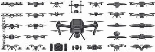 Vector icon sheet of diverse drones with cameras, rotors, and satellite dish – Ideal for aerial photography, drone services, or tech innovation themes.