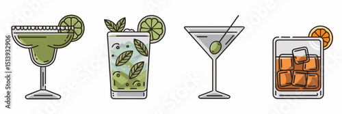 Vector icon sheet of margarita mojito martini and whiskey on the rocks – perfect for cocktail menus, bartending guides, or beverage promotions