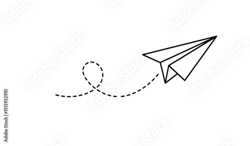 Paper plane with dotted line travel and route symbol in line style, Origami paper airplane, Black linear paper plane icon.