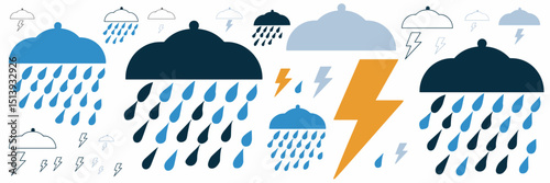 Vector illustration of raindrops and lightning bolt in various sizes – Perfect for weather forecasts, environmental content, or graphic assets