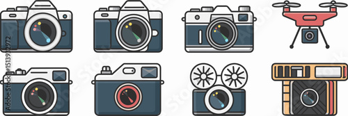 Vector icon set of different camera types in flat style – Suitable for photography apps, tech blogs, or creative portfolios