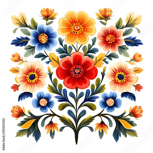 Vibrant 2D Flat Illustration with Transparent Background: Mexican Folk Art Vector Design Featuring Colorful Flowers for Greeting Cards and Wedding Invitations