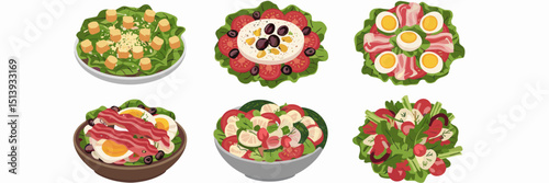 Vector icon sheet of Caesar Greek Cobb chef and garden salads – Ideal for food delivery apps, nutrition content, or recipe books.