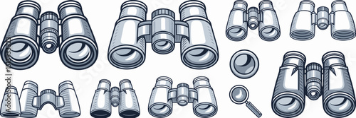 Vector icon set of binoculars in multiple styles and orientations with magnifying glass – Ideal for vintage, futuristic, and minimalist design projects