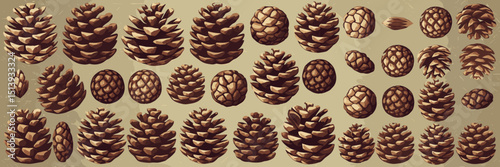 Vector icon sheet of pinecones in various sizes on textured background