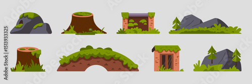 Vector moss icons with rock, stump, wall, building, and bridge – Perfect for nature games, environmental infographics, or outdoor design elements.