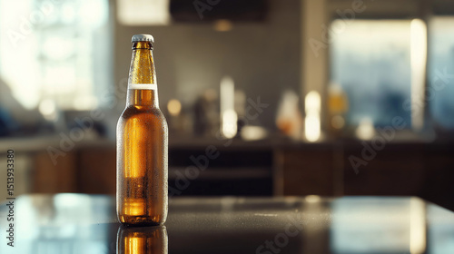 A cold beer bottle standing on a glass table