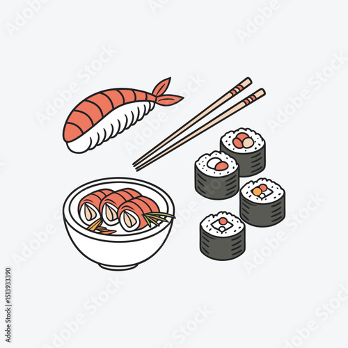 Sushi Roll Icons – Flat Vector Food Set for Menus, Apps & UI Design
