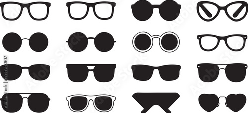 Various stylish sunglasses collection silhouette illustrations isolated on a clean white background.