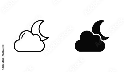 Simple weather icon with half moon or waning crescent moon in a cloudy sky. Night time symbol in line art style. Linear flat vector illustration