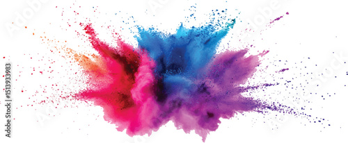 Colorful rainbow powder explosion on a transparent background. Explosive burst of vibrant rainbow colors. Holi paint color powder explosion isolated white wide panorama background.