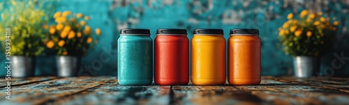 Bottles of different colors on a table  sustainability banner copy space