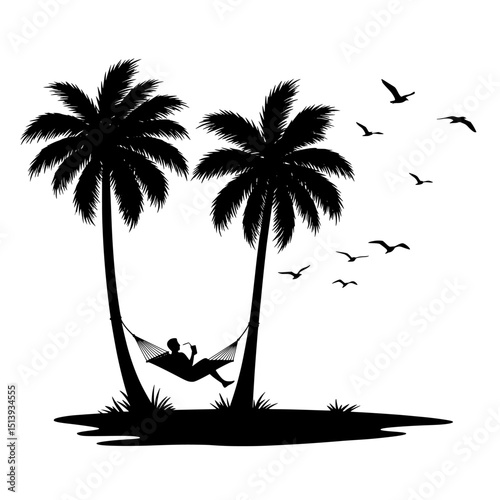 Relaxing silhouette of person in hammock between palm trees isolated on transparent background