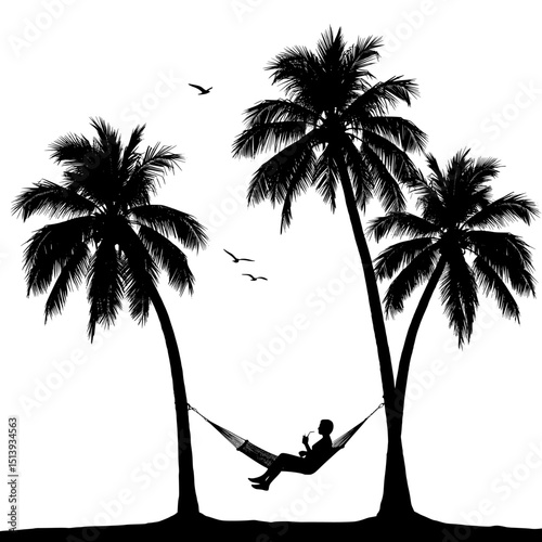 Relaxing silhouette of person in hammock between palm trees isolated on transparent background
