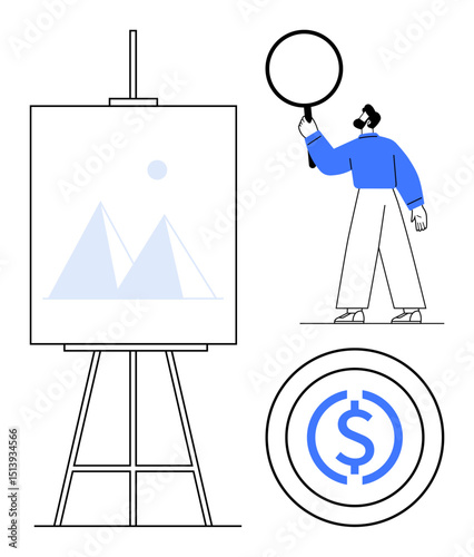 Man holding magnifying glass, easel with geometric chart, dollar sign over circle. Ideal for business, finance, analysis, presentation, strategy, economy simple landing page