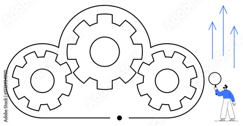 Cloud outline with gears symbolizing collaboration, innovation, and efficiency. Person balancing growth icon with upward arrows. Ideal for tech, teamwork, strategy, process, growth innovation