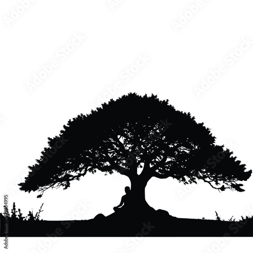 "Black silhouette of a wide canopy tree on a clean white background, representing nature, growth, and stability in a minimalist style."

