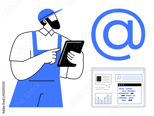 Worker in blue overalls using tablet near email icon and web dashboard with stats, graphs, and search bar. Ideal for email, business tools, analytics, communication, technology, digital services