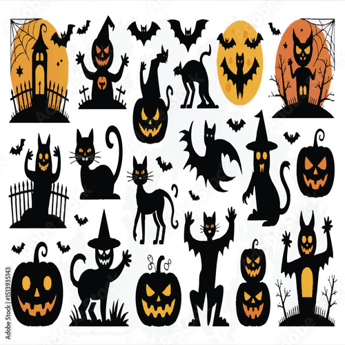 Halloween Vector Elements Silhouette Mega Set. Isolated on white background.




