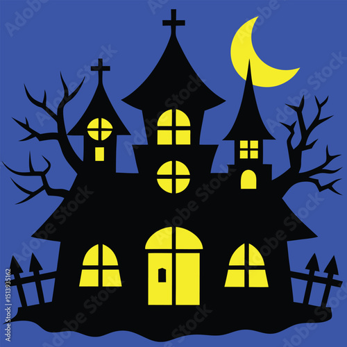 Silhouette of a spooky haunted house with glowing windows under a crescent moon for halloween