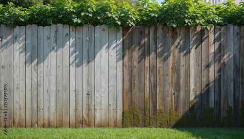 Pressure washing cleaning wooden fence. Difference between clean dirty surface. Moss, algae, mildew removal from old weathered wood fence. Home improvement renovation, backyard maintenance. photo