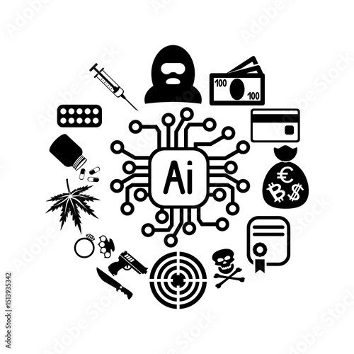Cybercrime Illustration, Artificial Intelligence Security Symbol. Collection of Harmful Crime and Symbols with Modern Elements Set. Symbol of prohibited and illegal activities.