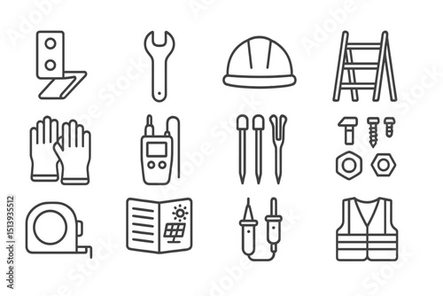 Construction tools and safety equipment icon set on gray background