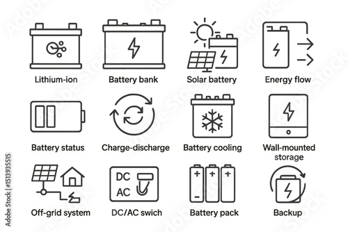 Energy system icons: lithium-ion, solar, battery storage, and off-grid technology