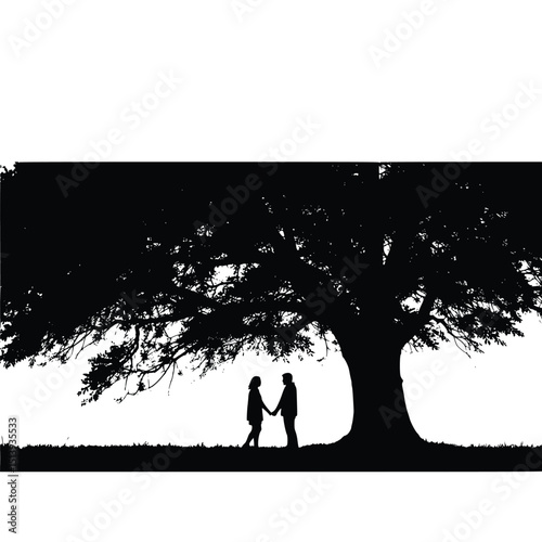 "Black silhouette of a couple holding hands under a large tree, romantic and serene scene on a bright white background, minimalist love concept."
