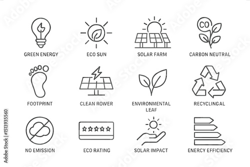 Eco-friendly icons: green energy, solar power, recycling, carbon neutral symbols