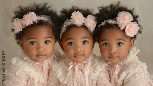 Joyful moments with adorable brown skin triplet babies in soft outfits photo