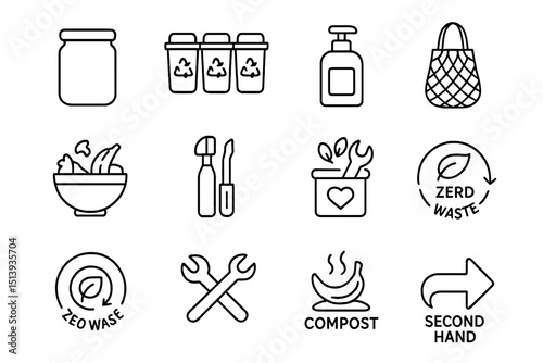 Zero waste icons collection: recycling, composting, sustainable living symbols