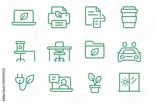 Eco-friendly office icons on green background representing sustainability