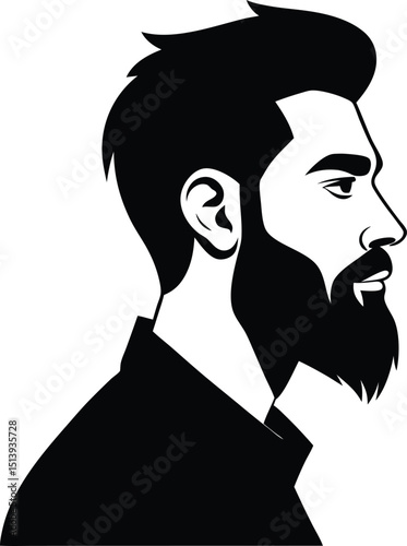 Sleek Black and White Male Side Profile Avatar with Beard and Tousled Hair