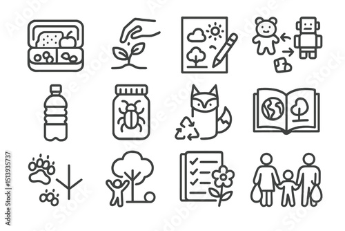 Eco-friendly icons: nature, sustainability, recycling, family, art, conservation