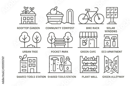 Urban green spaces and sustainability features illustrated icons