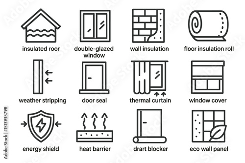 Energy efficiency icons for home insulation and weatherproofing solutions