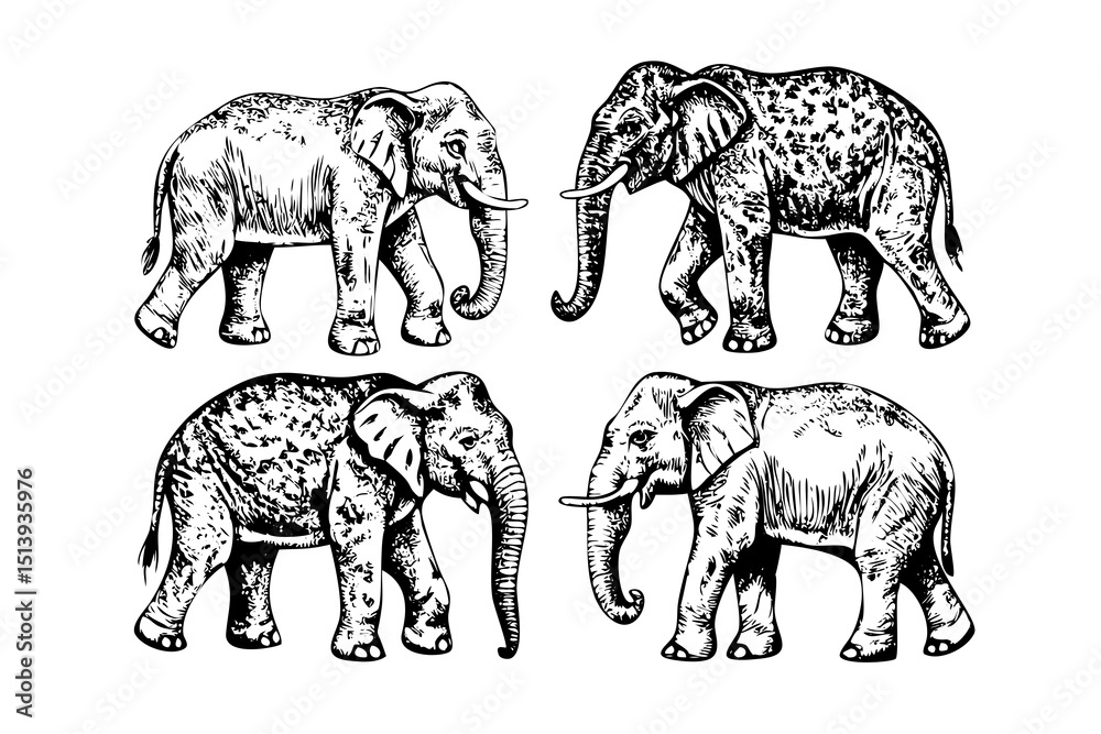Fototapeta premium Four Realistic Detailed Elephant Illustrations Ink Sketch Collection