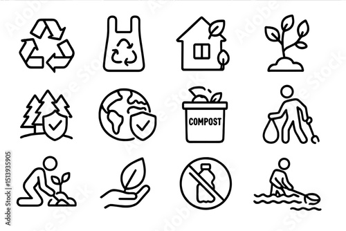 Eco-friendly icons: recycling, composting, planting, sustainability symbols