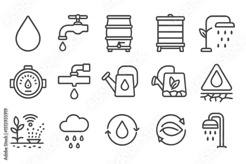 Water conservation icons collection with droplets and environmental symbols
