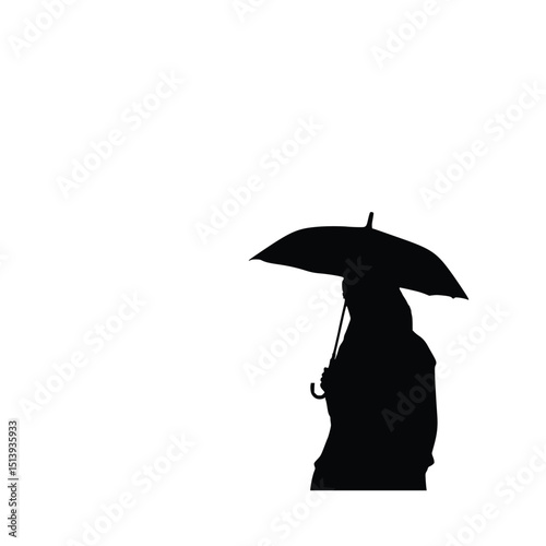 "Black silhouette of a woman holding an umbrella, standing in the rain, minimal composition with strong contrast on a white background."
