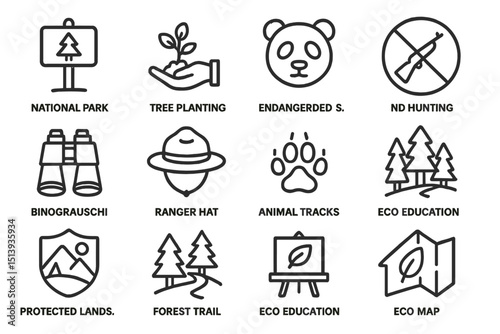 National park icons for conservation and education on black background