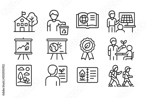 Education icons set: school, learning, teaching, environment, growth