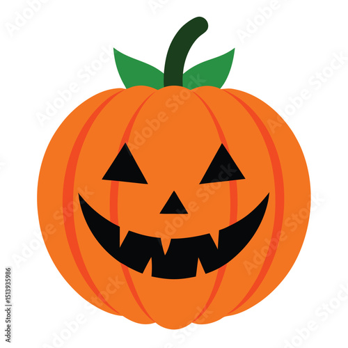 Smiling jack o lantern pumpkin face with green leaves on a pure white background